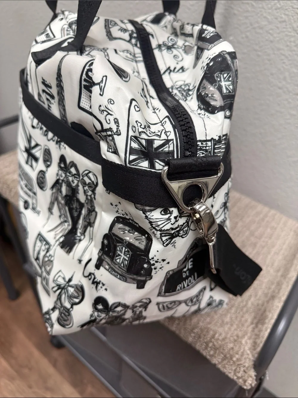 Brighton Black & White Jetsetter Travel Satchel with Paris & London Print